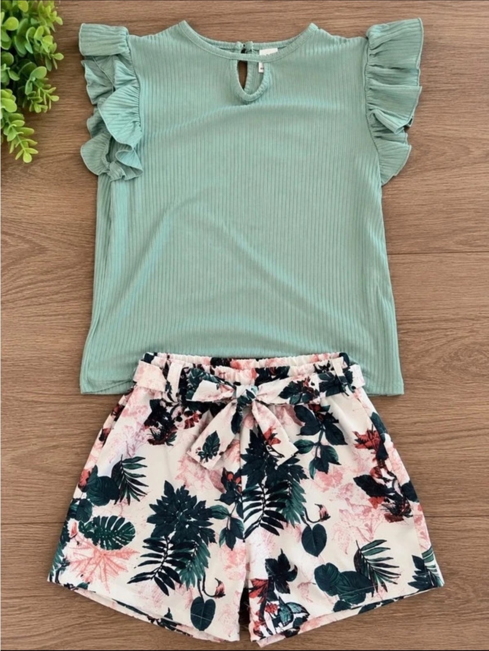 Girls Mint Ruffle Sleeve Top and Tropical Print Shorts Set
